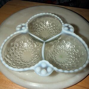 Vintage Anchor Hocking Moonstone Opalescent Hobnail 3 Section Divided Dish